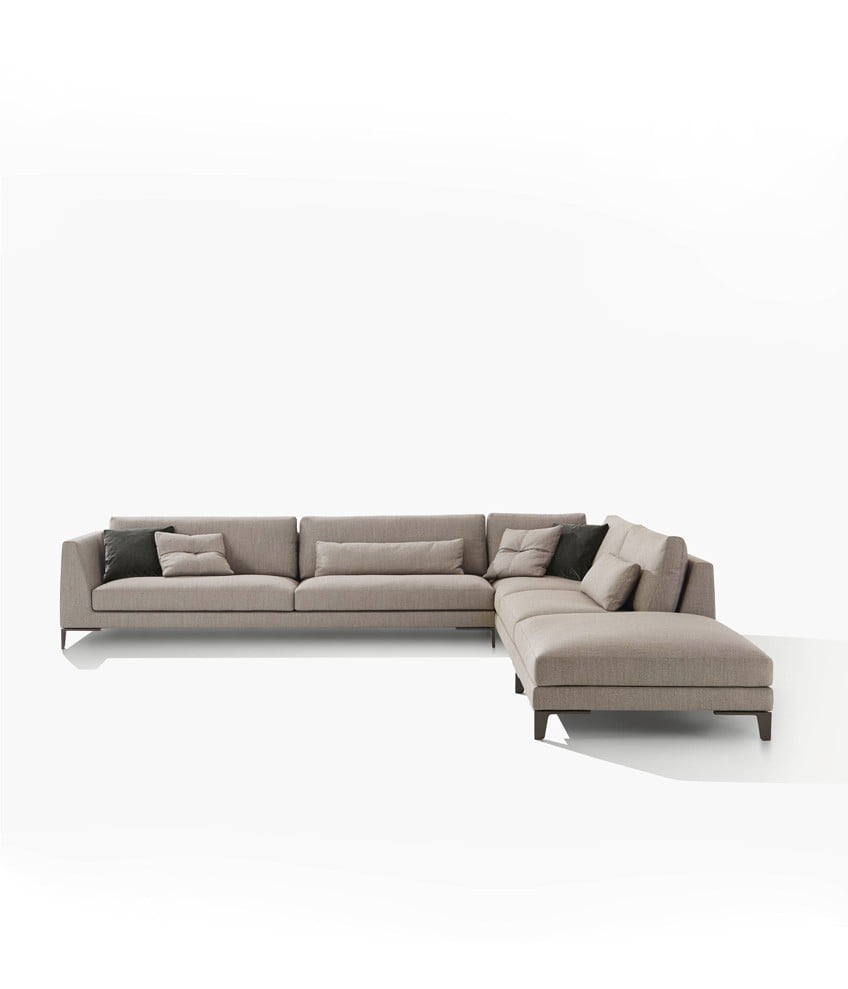 Bellport sofa with high armrest, removable cover in fabric Kushiro 08 tortora, cushions with decoration and lower back cushion in fabric Kushiro 08 tortora, cushions in velvet Persia 1404 carbone and feet in mat brown nickel.