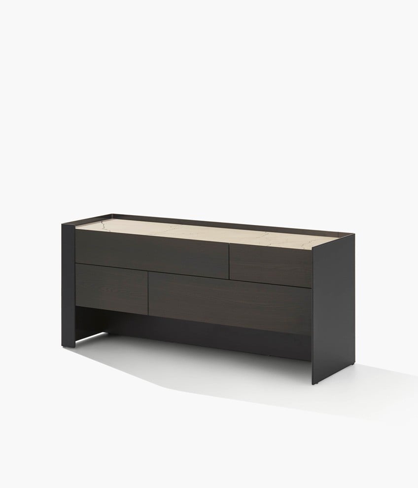 Chloe chest of drawers with external structure in hide 02 nero and internal structure in glossy brown nickel, drawers and top in mat marble zecevo.