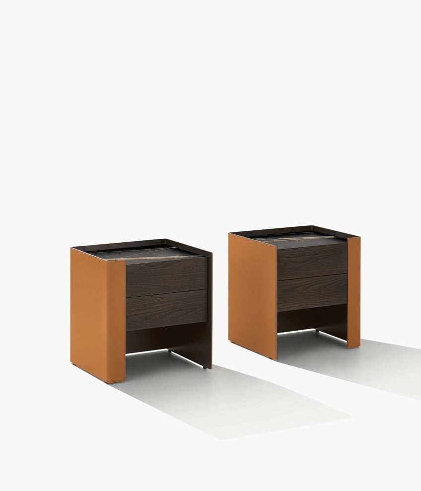 Night tables Chloe external structure in hide 26 invecchiato and internal structure in mat brown nickel, drawers in black elm and top in mat marble sahara noir.