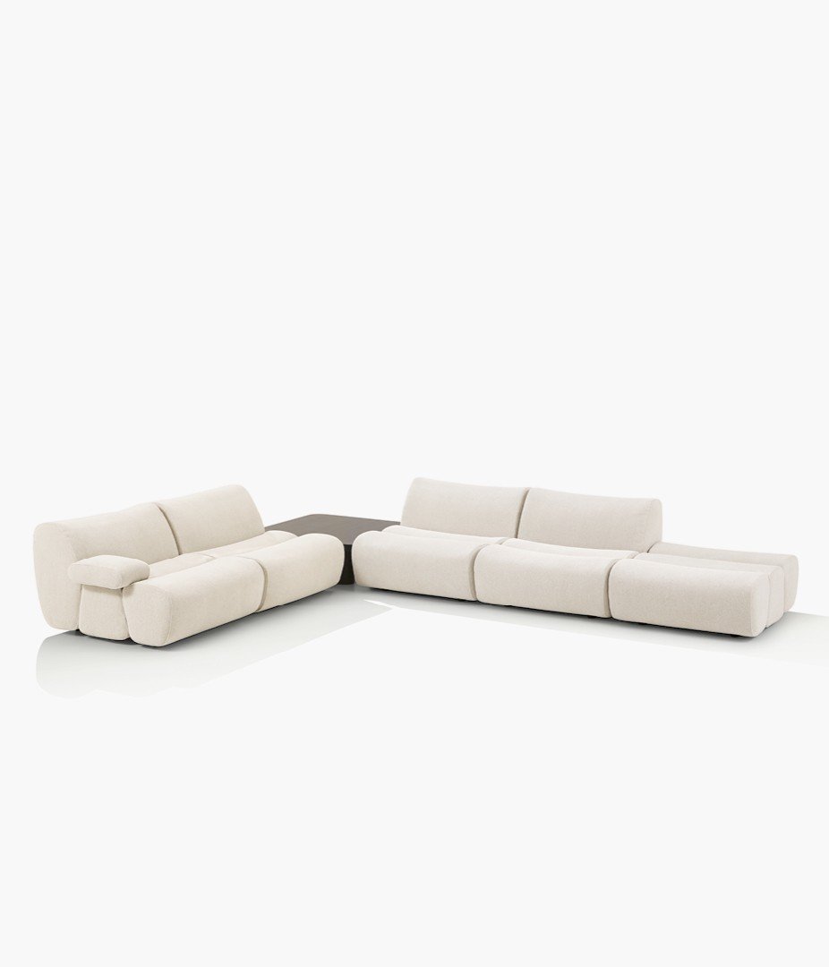 Ernest sofa with removable cover in fabric Shedir 03 perla, corner coffee table in black elm.