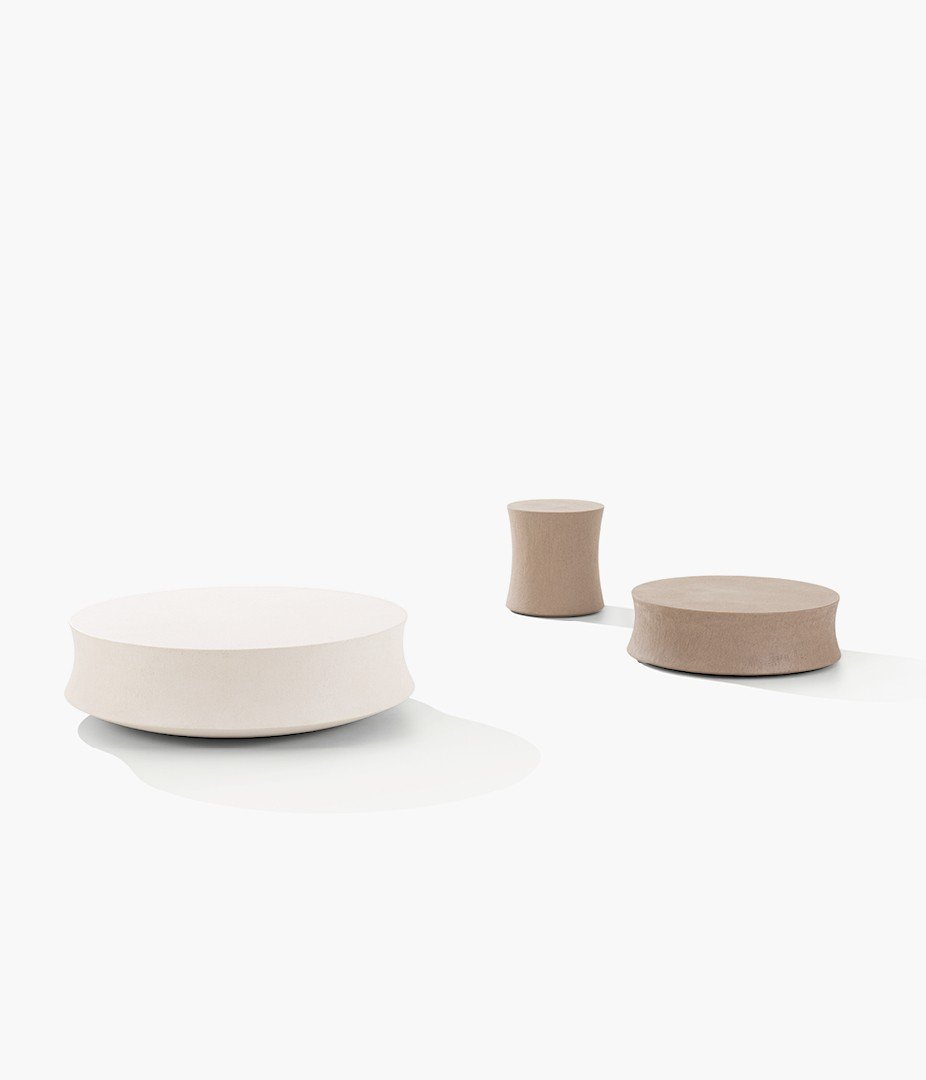 Soori coffee tables in stone in the colours arena and tortora.