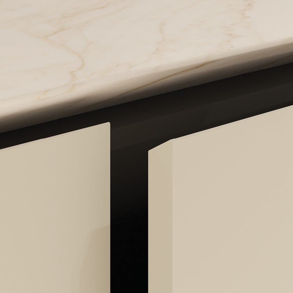 Central island with doors and pull-outs in ice-coloured embossed lacquer, top in quartzite natu- matt sky gold with tapered edge and support frame in mocha anodised. Deep Shaker Move in moka anodised, integrated hood with smoked glass, top in matt sky gold natural quartzite. Sail cooker hood in black painted steel and smoked glass with integrated LED light. Artex Pro sideboard in solid thermal canaletto walnut and bronze metallic lacquer, dividing shoulders in smoked glass.