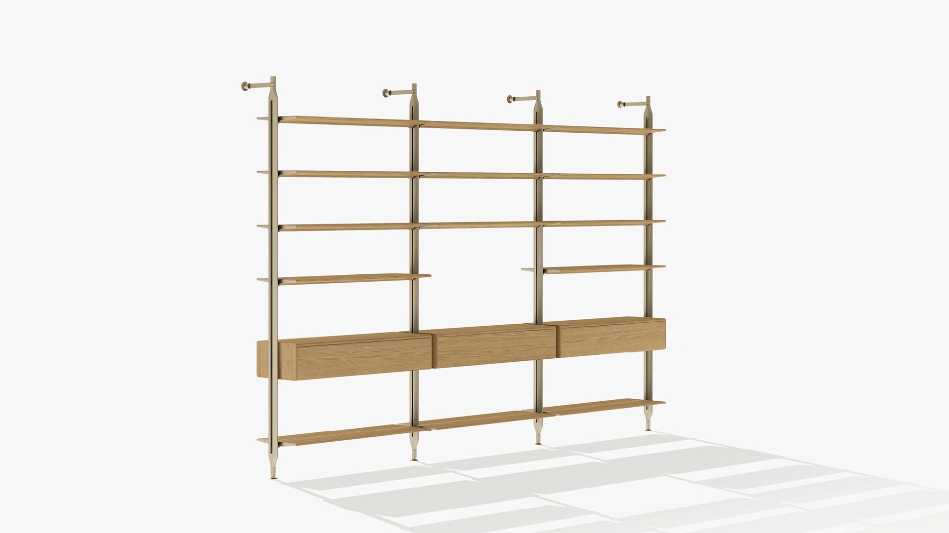 Книжный шкаф Lexington с матовыми настенными стойками цвета шампанского и регулируемыми ножками из никеля цвета шампанского. Полки из золотого дуба и матового шампанского со встроенной светодиодной подсветкой. Контейнеры с выдвижными ящиками из золотого дуба и матового шампанского, ручки матового лака шампанского.