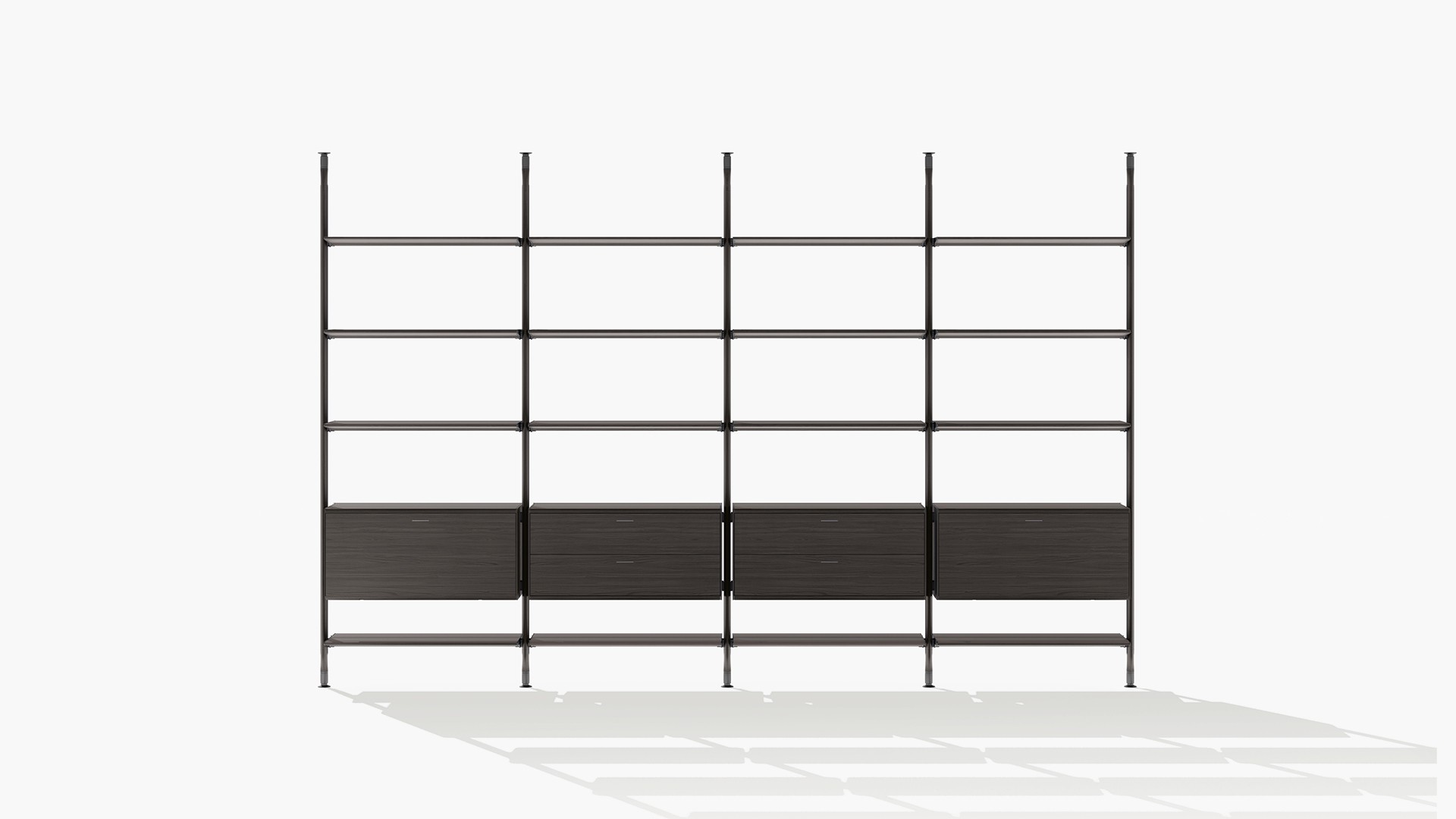 Книжный шкаф Lexington с потолочными стойками из матового сланца и регулируемыми ножками из никеля. Полки из матового сланца со встроенной светодиодной подсветкой. Контейнеры с выдвижными ящиками из черного вяза и матовой ардезии, ручки из матового лака ардезиа.