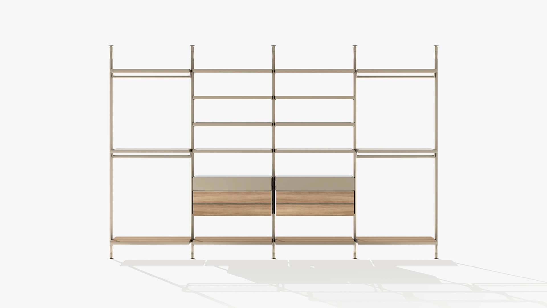 Гардеробная Lexington с потолочными стойками с матовой отделкой champagne. Регулируемые ножки координированного цвета. Полки из дымчатого стекла. Перекладины для вешалок с матовой отделкой champagne. Нижние полки и корпусные модули с выдвижными ящиками из вяза.