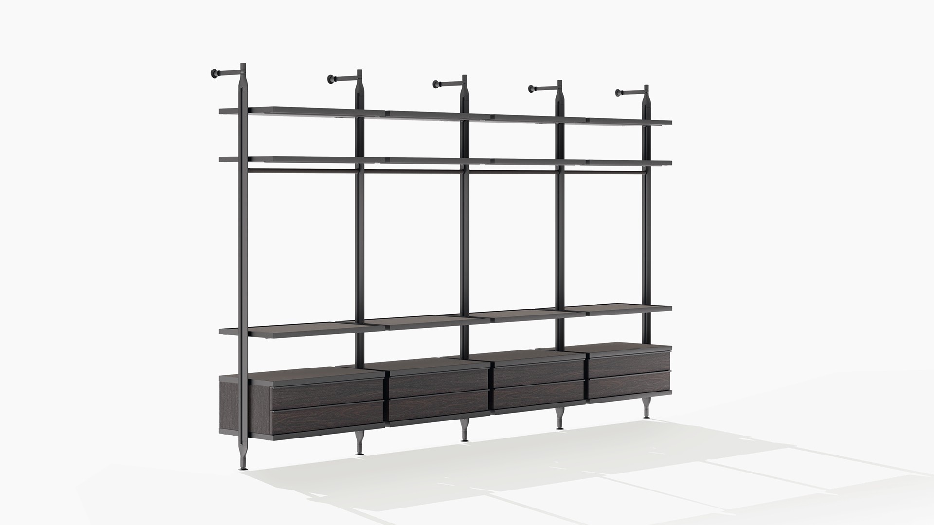 Гардеробная Lexington с настенными стойками с матовой отделкой ardesia. Регулируемые ножки координированного цвета. Полки из пепельного дуба. Перекладины для вешалок с матовой отделкой ardesia. Навесной комод с двумя выдвижными ящиками из дуба шпессарт.