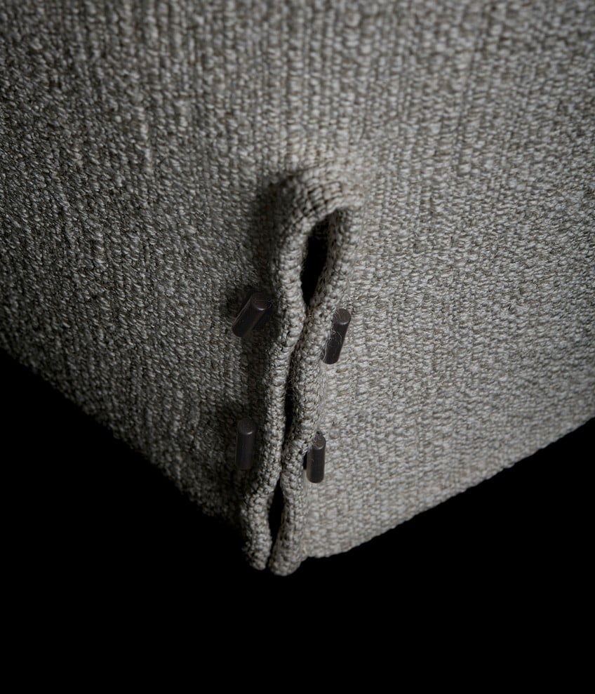 Close up of the fasteners distinguishing Santa Monica collection, both with stretched cover and with slipcover.
