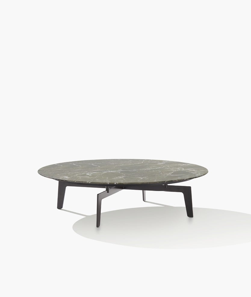 Tribeca coffee table with structure in mat brown nickel and top in mat marble verde lepanto.